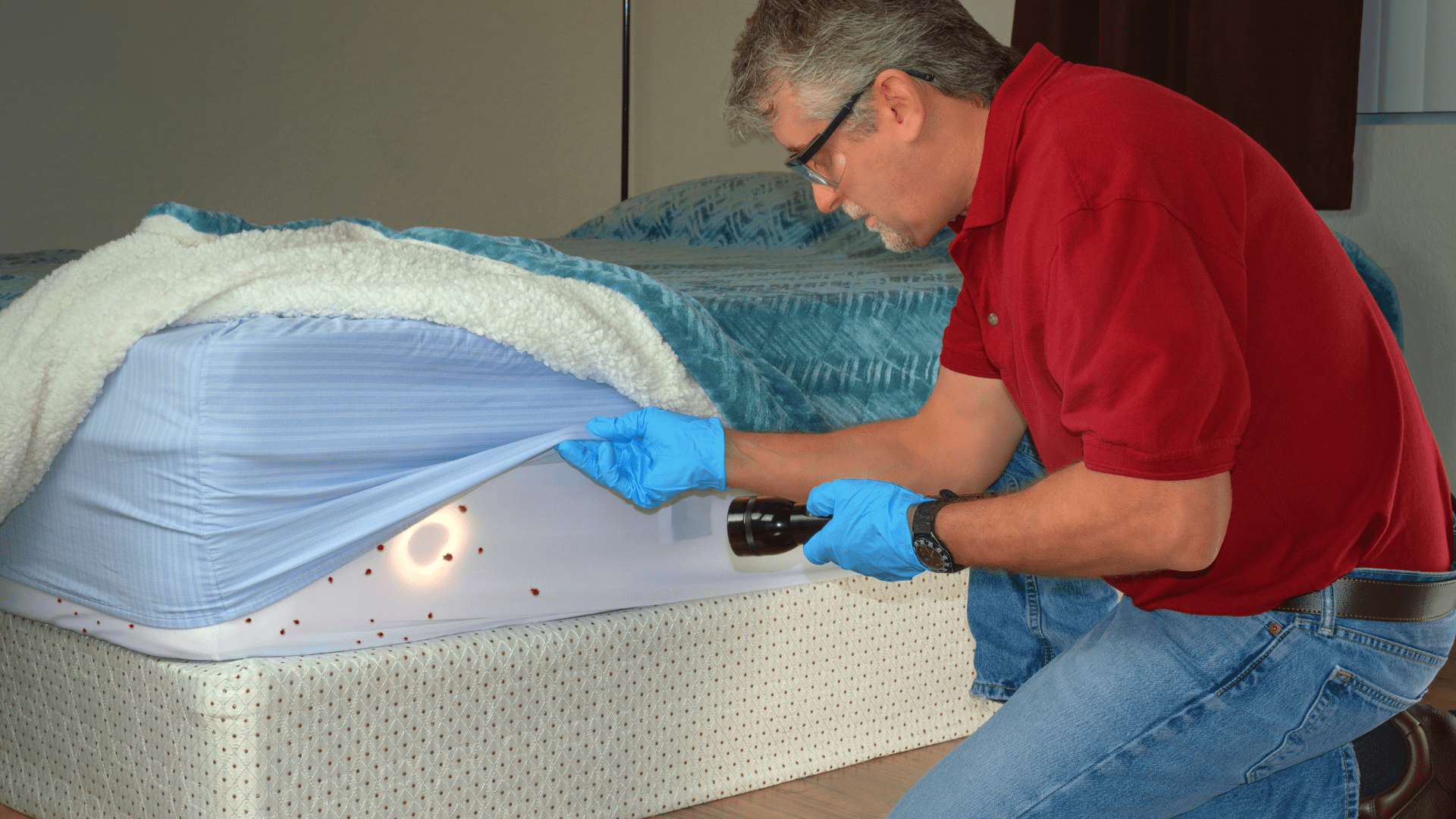 A bed bug professional conducting a thorough mattress inspection, using a flashlight and wearing protective gloves to identify signs of infestation