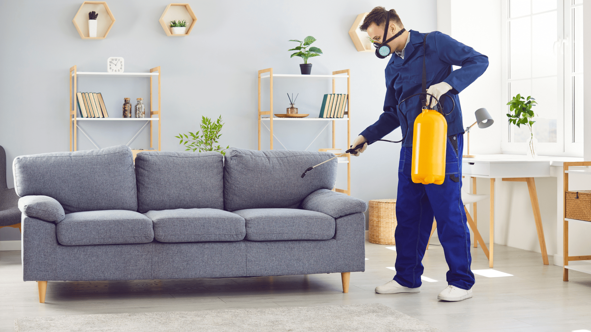 Professional bed bug control Texas specialist treating a living room couch, wearing protective gear and using specialized spraying equipment for effective pest elimination