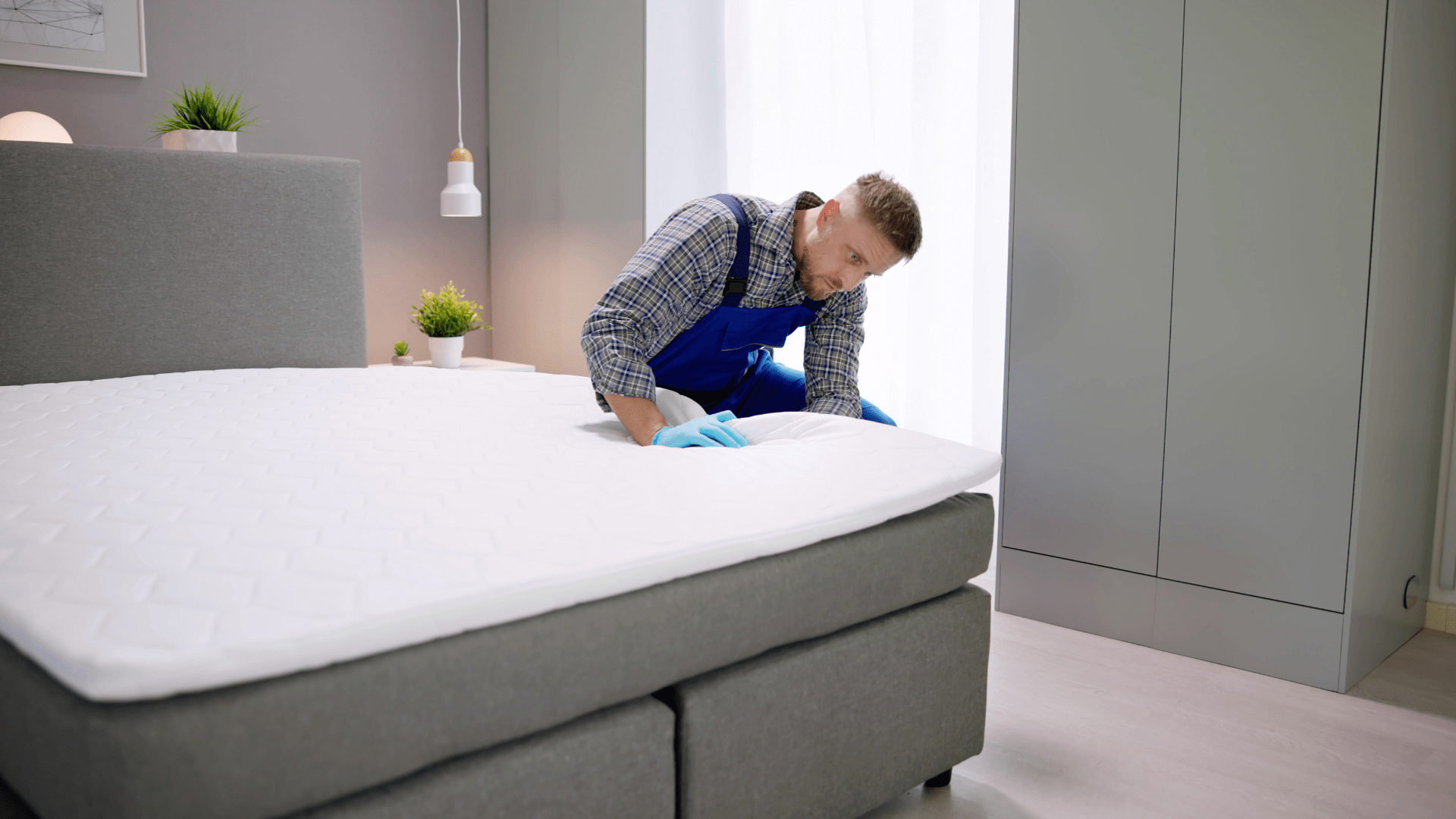 Professional bed bug pest control services technician inspecting a mattress for signs of infestation during a home treatment